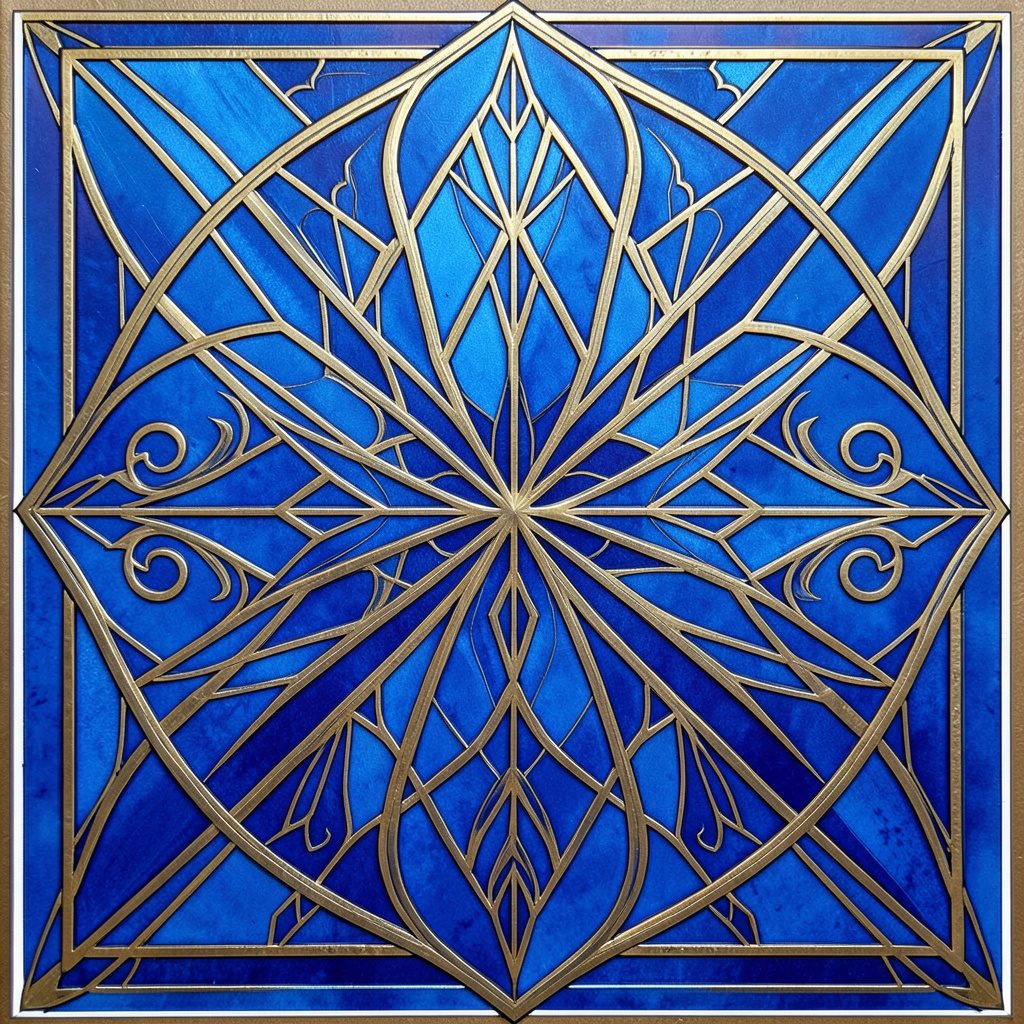 Altın ve lacivert tonlarında simetrik art-deco geometrik kompozisyon; Granada El-Hamra sarayından esinlenen stilize kemer ve yıldız motifleri.