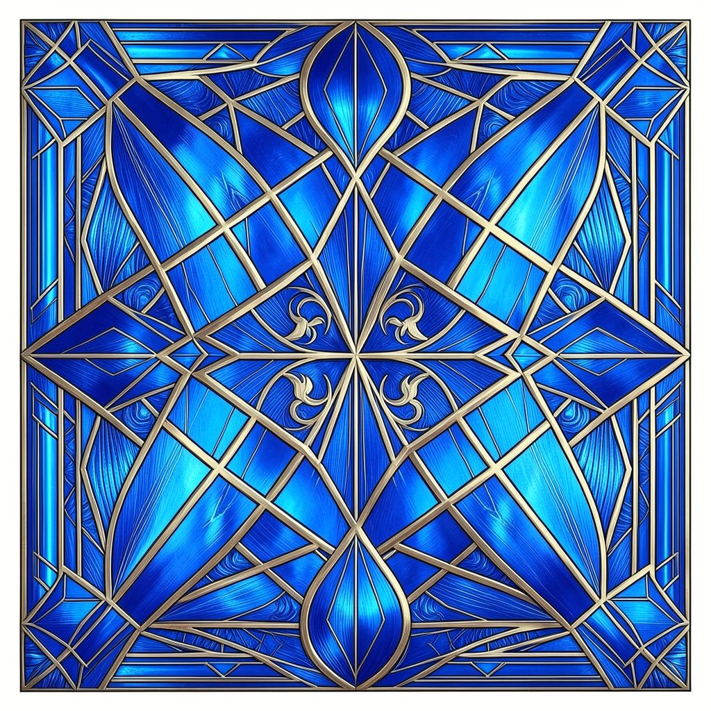 Sarı, bakır ve lacivert tonlarında, simetrik geometrik desenlerle süslenmiş art-deco tarzında bir saray avlusu izlenimi; sakin ve resmi bir hava